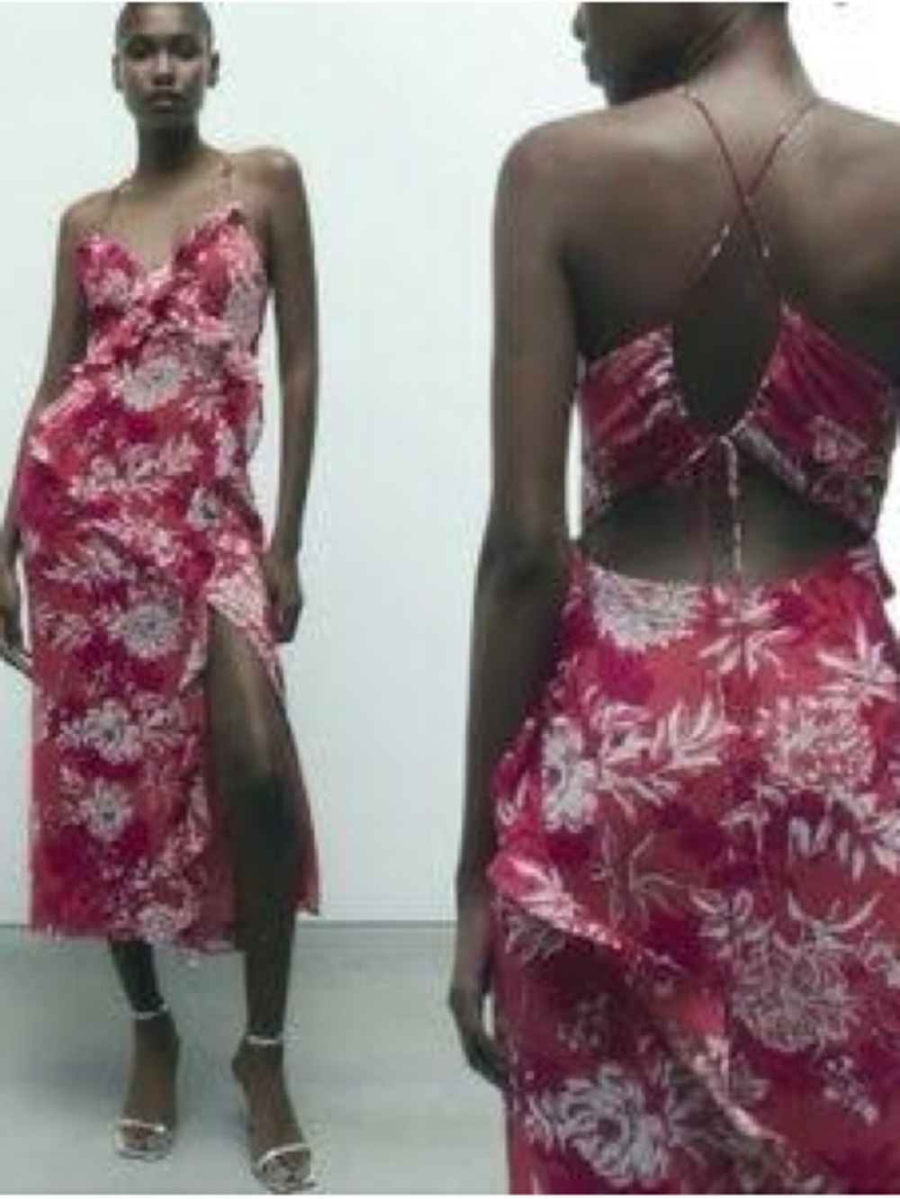 Zara Raspberry Pink Floral Ruffle Slip Maxi Dress - Picture 3 of 6
